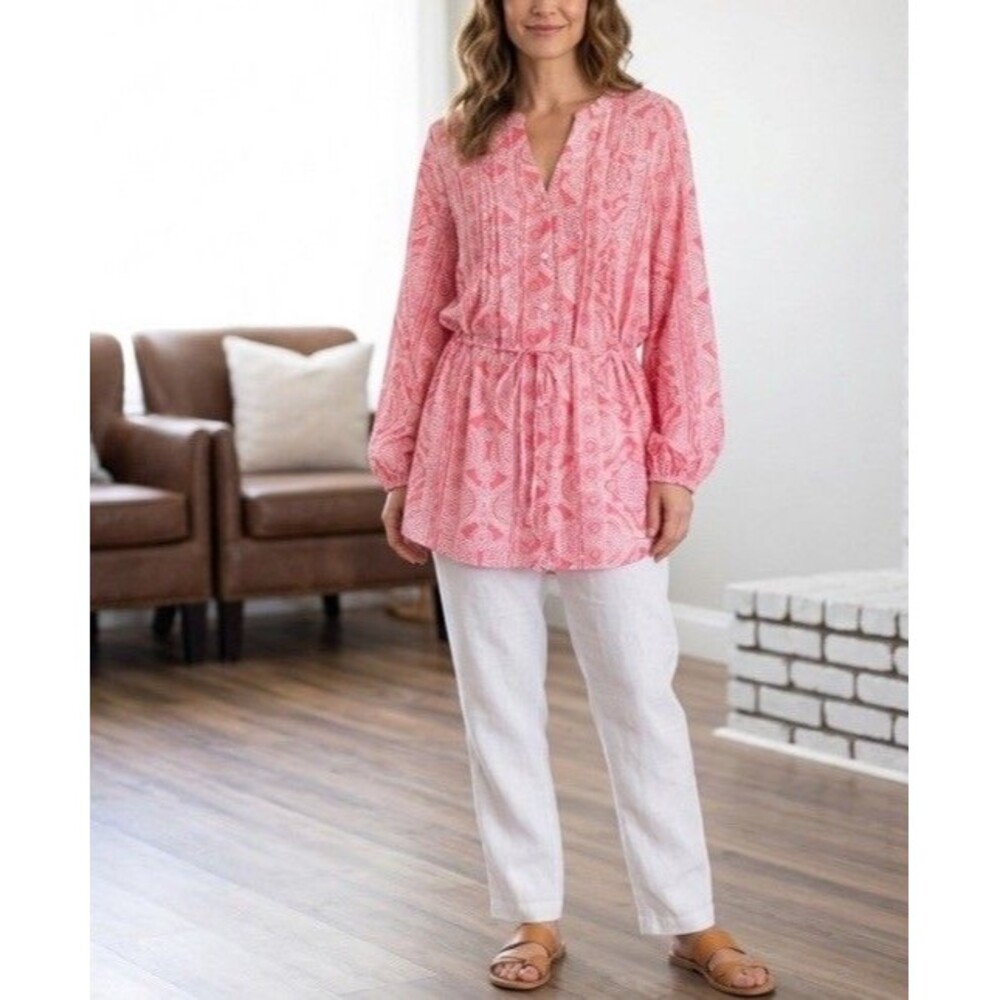 Terra & Sky Sz 0X-14W Pink Paisley Print Top Blouseโ Boho relax Chic Peasant